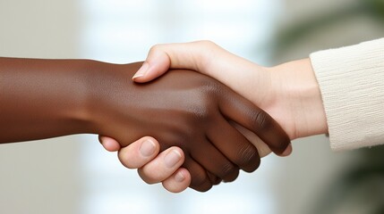 Two hands of different skin tones clasp in a handshake, symbolizing unity and cooperation.