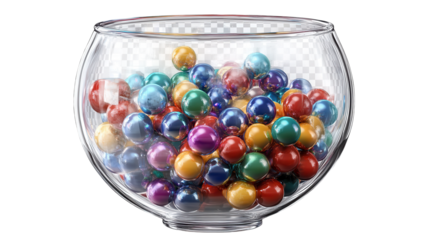 A glass bowl filled with colorful marbles reflecting light in a bright, cheerful setting.