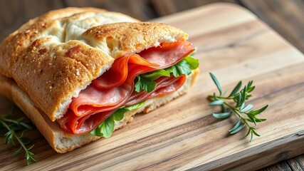 Two delicious sandwiches filled with bacon, salami, prosciutto, and fresh vegetables displayed on a rustic wooden cutting board, bacon, salami