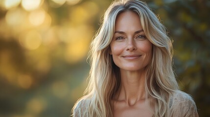 Obraz premium A beautiful blonde woman smiles serenely, bathed in the warm golden light of a summer day. She appears happy and relaxed in this outdoor portrait.