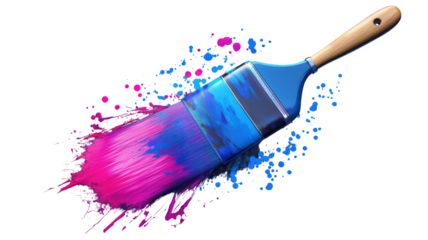 A vibrant paintbrush with blue and pink paint splatters on a transparent background showcasing creativity and artistry.