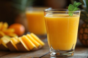 Two glasses of fresh mango pineapple smoothie on wooden table with sliced mango and pineapple.