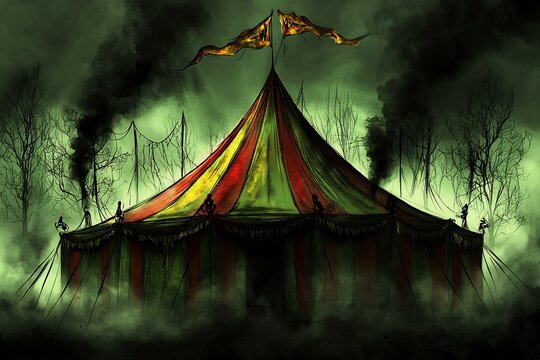 Mysterious and Enchanting Circus Tent in a Haunting Ethereal Forest Landscape