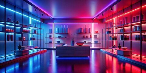 Panoramic 3D Render: Neon Product Display Area - Red, Blue, Purple Lighting