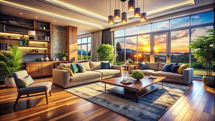 Fototapeta premium Panoramic 3D Rendered Single Frame Realistic Interior Design Visualization