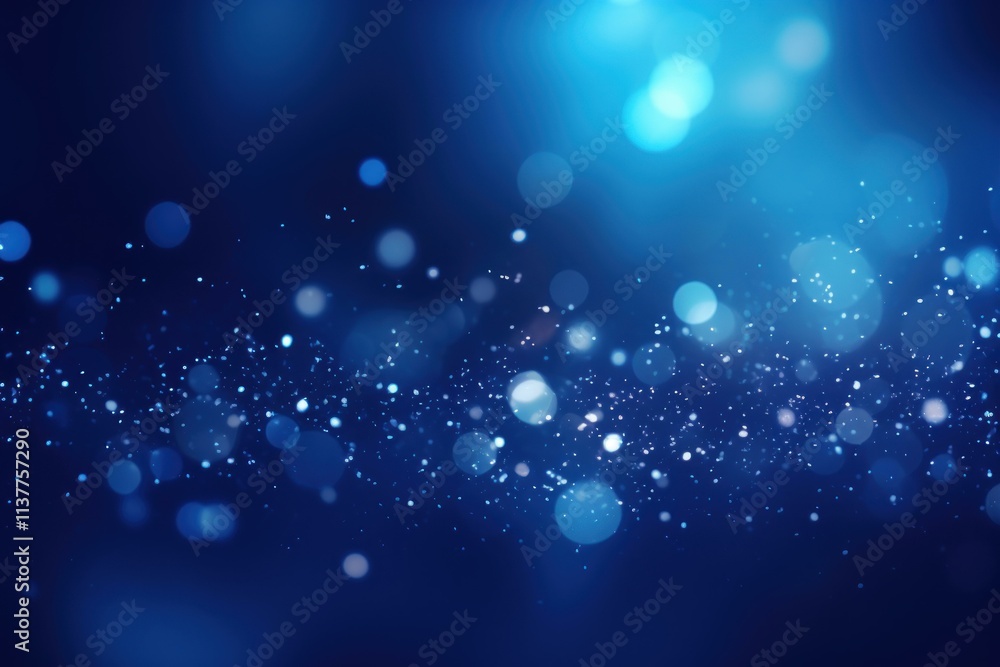 Poster abstract blue bokeh background featuring floating dust particles, creating a magical and dreamy atmo