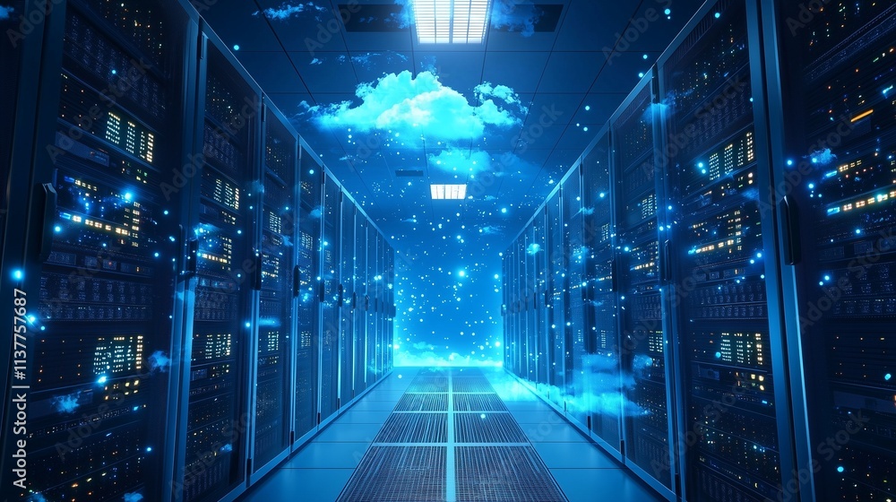 Poster cloud servers in a data center symbolize digital strategy and saas solutions.