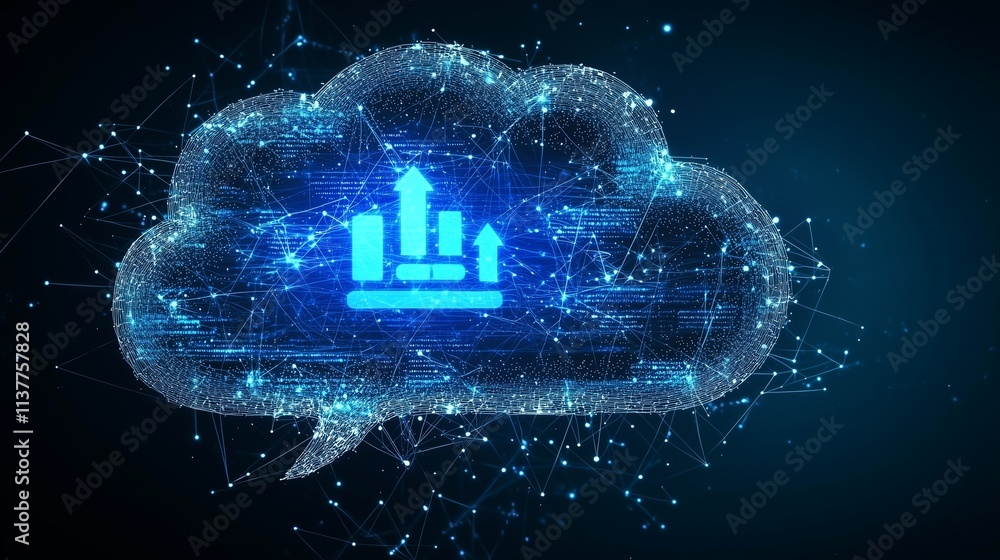 Poster cloud with digital growth chart symbolizes saas innovation and scalability.