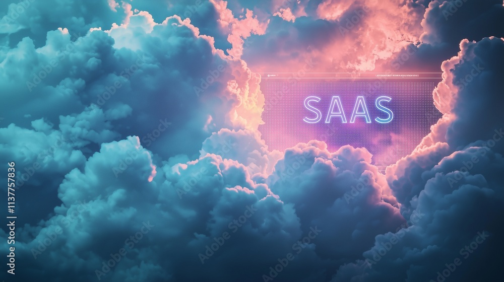 Poster clouds surround 'saas' text, symbolizing saas platforms in the cloud.
