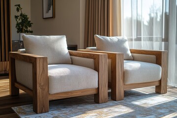 Fototapeta premium Modern solid wood single sofa chair set with armrests and fabric cover, minimalist brown Scandinavian design for living room interior.