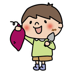 スコップでお芋掘りする子供（男の子）