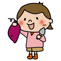 スコップでお芋掘りする子供（女の子）