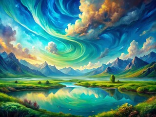 Panoramic Blue Green Watercolor AI Art: Generative Abstract Landscape