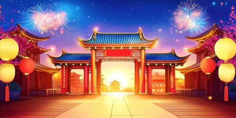 abstract pattern for a festive Chinese New Year product exhibition background featuring traditional Chinese architecture. This vibrant design showcases colorful fireworks in the sky, with red and blue