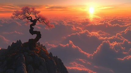 Breathtaking sunset over cloudy mountain peak with serene blossom tree nature landscape view