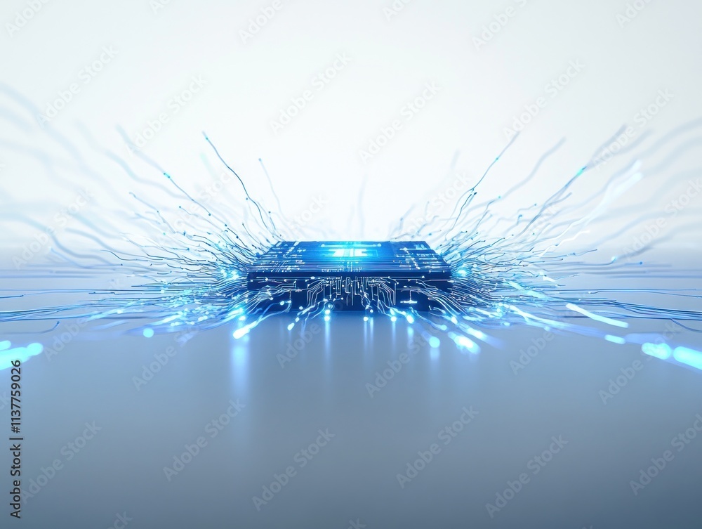 Wall mural futuristic microchip with glowing connections in a high tech environment