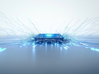 Futuristic microchip with glowing connections in a high tech environment