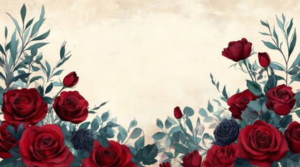 Dark Red Roses and Teal Leaves Frame a Blank Space