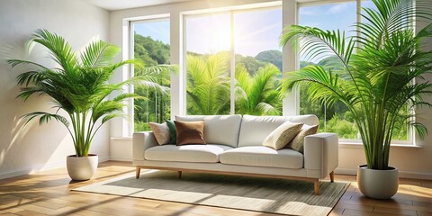 White Room Interior Design, Green Palm, Sofa, Window, Minimalist Home Decor, Bright Living Room, Cozy Apartment, Sunlight, Plants, Modern Interior