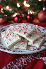 A plate of white chocolate bark topped with crushed peppermint, festive and holiday-themed.