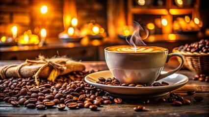Fototapeta premium Panoramic Espresso Coffee Milk Sugar: Creamy Latte Art, Coffee Shop Panorama, Stunning Coffee Photo