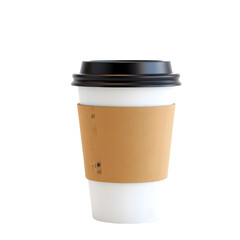 A 3D-rendered paper coffee cup with a brown sleeve and black lid, displayed on a white background