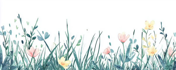 Spring flowers and grass. Green grass with cute spring flowers illustration isolated white background. Can use as web site header / Footer / banner