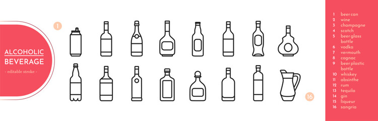 Alcoholic drinks packaging icon set in a line style. Editable stroke. Contains common beverages as wine, beer, whiskey, etc. Web pictograms. Vector illustration isolated on white background