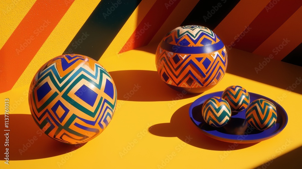 Poster colorful geometric patterns on decorative balls and plate studio setting artistic display