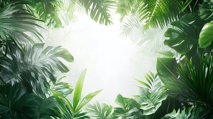 Obraz premium A vibrant image of lush tropical rainforest, showcasing vibrant green foliage bathed in misty sunlight. The scene evokes tranquility and natural beauty.