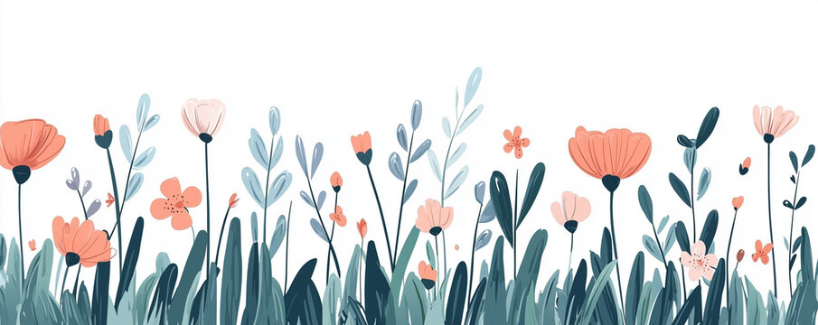 Spring flowers and grass. Green grass with cute spring flowers illustration isolated white background. Can use as web site header / Footer / banner