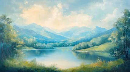 Obraz premium Serene mountain lake landscape painting.