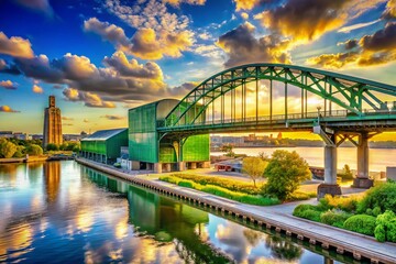 Fototapeta premium Panoramic Green Bay Bridge: Leo & Frigo Refrigerated Warehouse Scenic Vista
