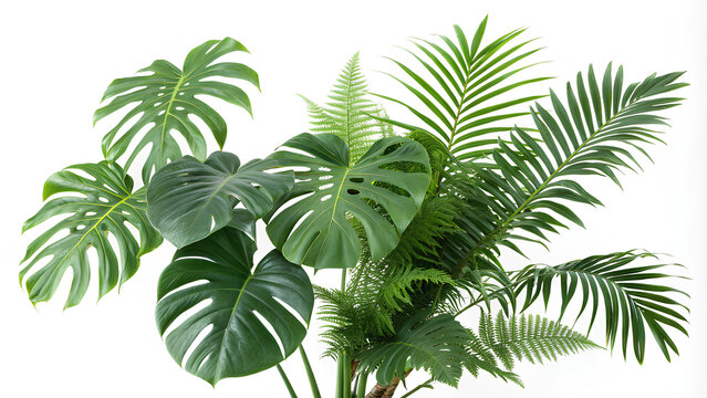 Lush green tropical plants bush, cut out. border, On white background, Clipping path