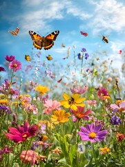 colorful flower meadow in spring, with bees and butterflies hovering over bright blooms.