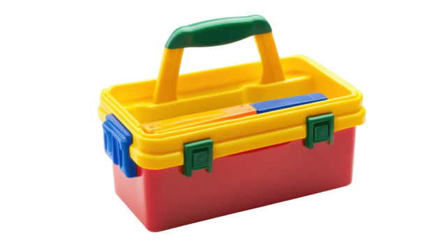 Brightly colored plastic toolbox with a handle, ideal for organizing toys or tools, perfect for children's playtime or educational use.