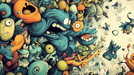 Cartoonish surreal creatures crowd into a colorful illustration.