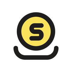 A pixel art depiction of a golden coin featuring a capital S likely representing currency or savings.