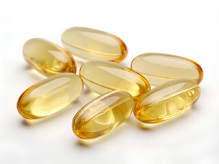 Soft gel, Fish oil, Omega 3, vitamin Oil filled capsules. On white background, Clipping path. Cut out 