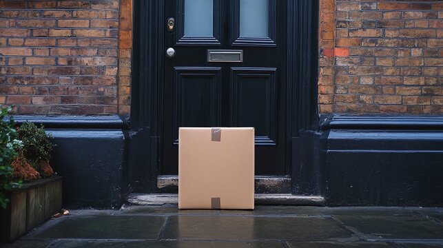 A large parcel cardboard delivery box in front of a doorstep in the UK