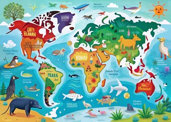 Obraz premium World Mammal Map: Colorful Animals & Continents for Kids - Educational Preschool Map