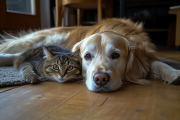 A close-up portrait of a golden dog and a kitten lying peacefully on the floor at home, showing their sweet bond and playful companionship.