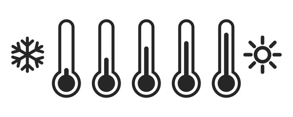 Thermometer icon, symbol. Temperature scale hot and cold. Sun and  snowflake. Vector