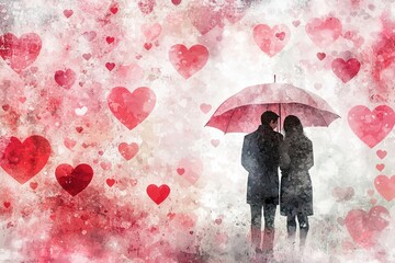 man and woman in love under an umbrella against the background of hearts