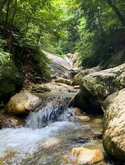 clear mountain stream cascading over smooth rocks, surrounded by vibrant moss and ferns.