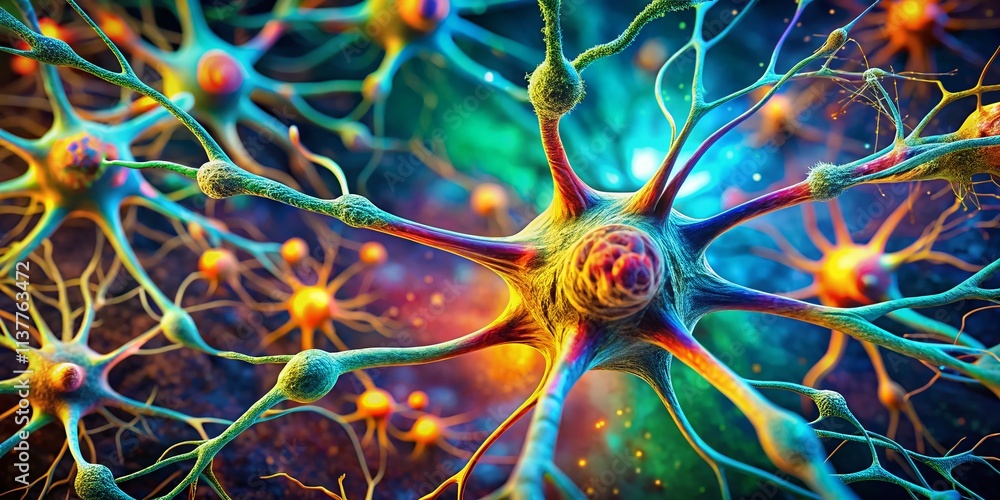 Poster panoramic microscopic view of synapse and neuron connections, neural network, brain cells, neurologi