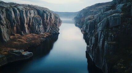 A photo of a calm river winding through a valley, with steep rocky cliffs on either side and soft mist rising from the water.