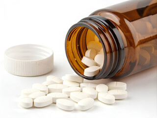 White pills in brown glass drugs bottle. On white background, Clipping path. Cut out 