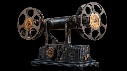 Obraz premium Antique film projector with spools and intricate metal details.