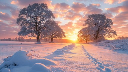 Scenic winter sunrise with snow-covered trees and path.